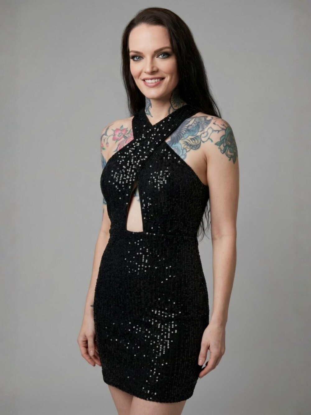 Windsor ✦ Black Sequin Halter Mini Dress ✦ Cutout Detail Party Style S NWT